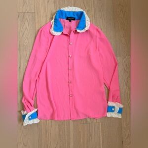 Bright Pink Button-Front Blouse with Blue & Cream Trim
